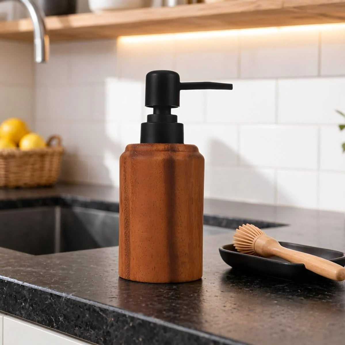 Wood Grain Kitchen Soap Dispenser - Stainless Steel Refillable Pump