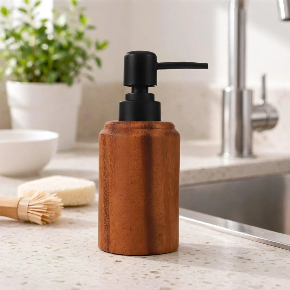 Wood Grain Kitchen Soap Dispenser - Stainless Steel Refillable Pump