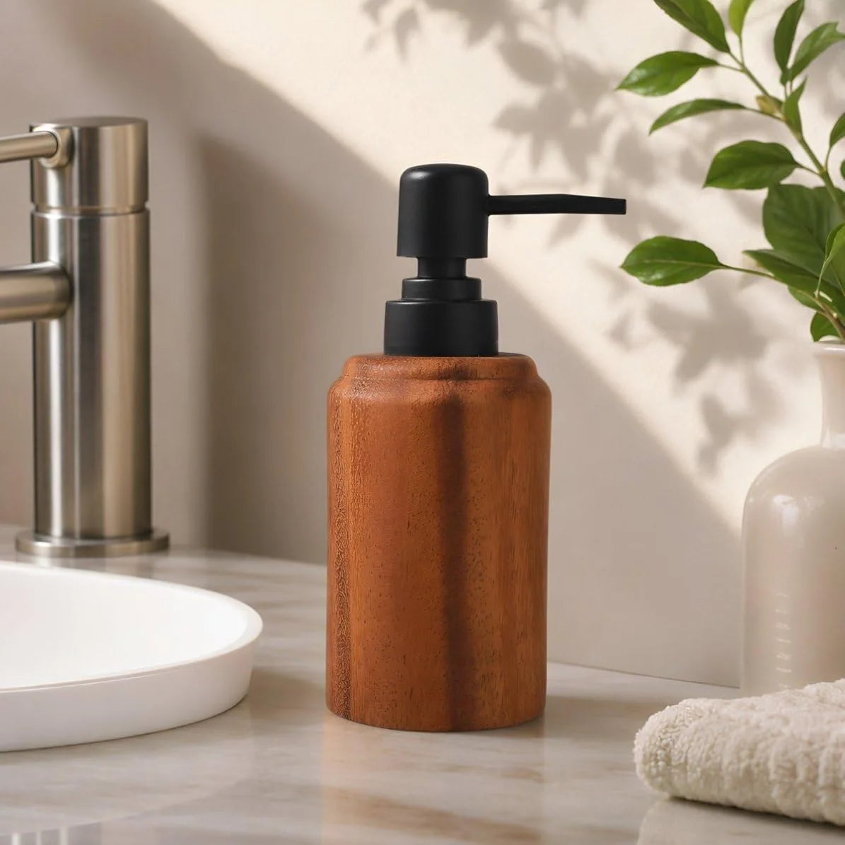 Wood Grain Kitchen Soap Dispenser - Stainless Steel Refillable Pump